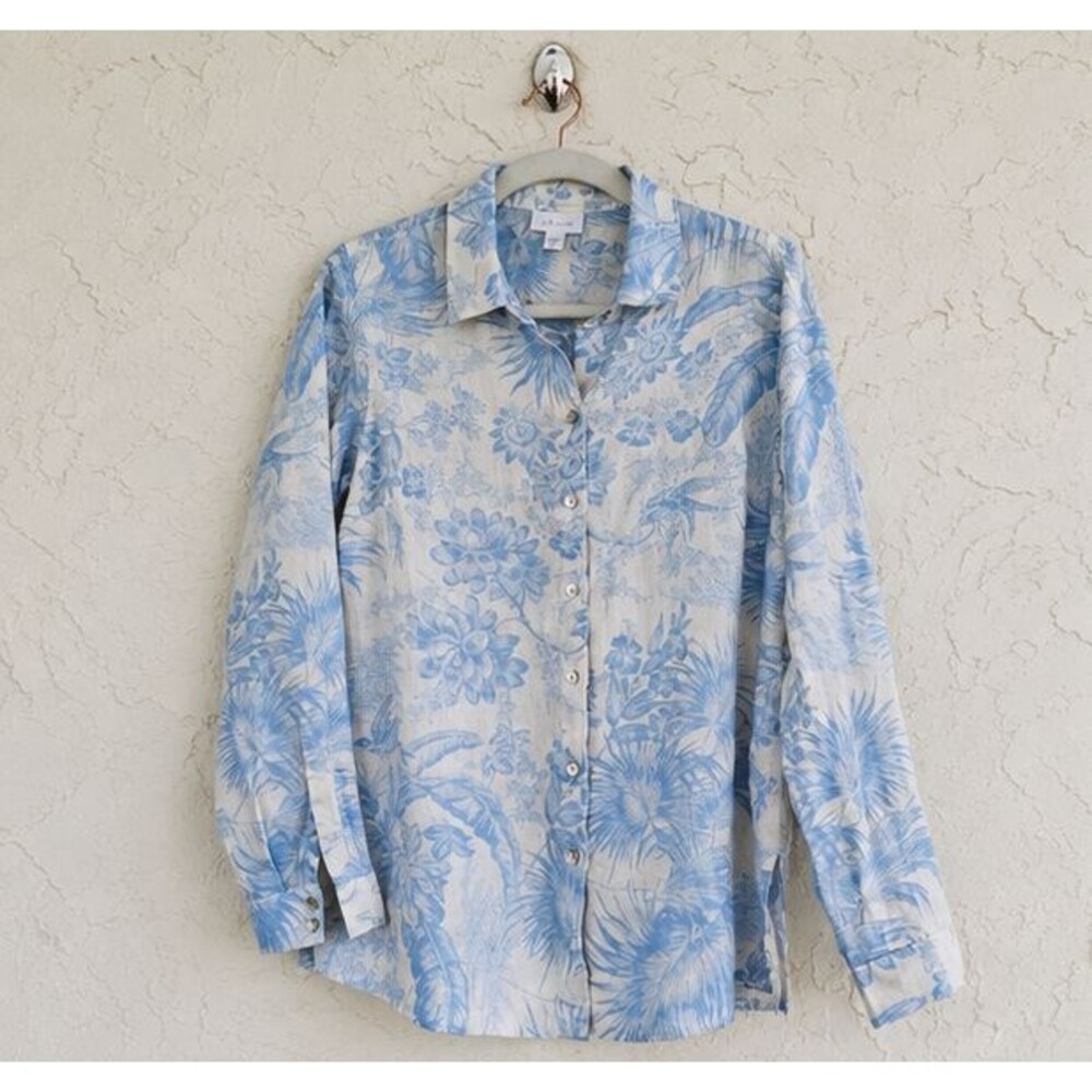 J.Jill Love Linen 100% Linen Blue White Floral Button Shirt XS Side Slits